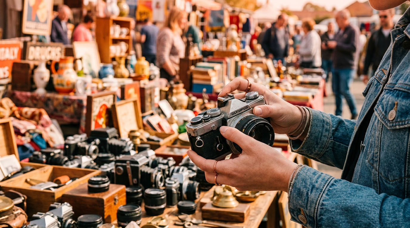 A person finding a valuable vintage camera at a flea market to begin a trade up.
