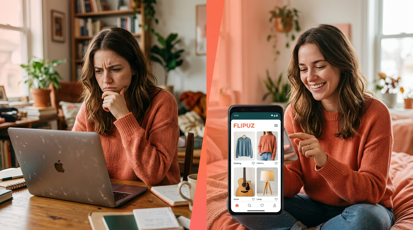 A comparison showing the frustration of old bartering websites versus the ease of using the Flipuz trading app.