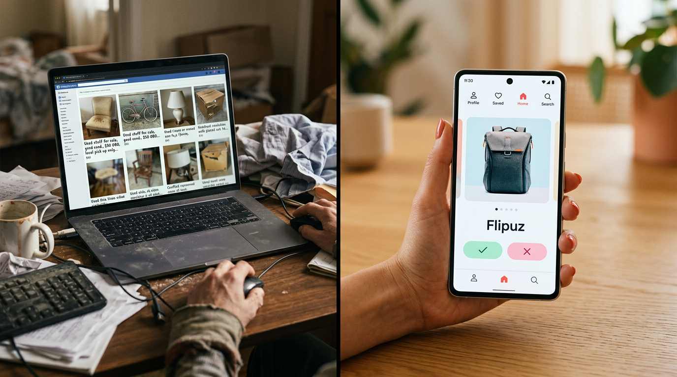 A comparison of a cluttered, old-fashioned marketplace versus the clean, modern interface of a dedicated barter app.