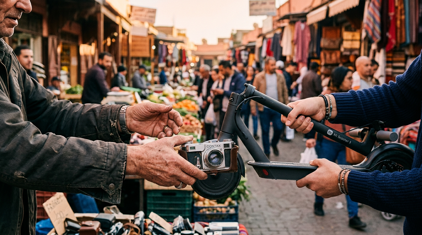 Hands exchanging a vintage camera for an electric scooter in a market.