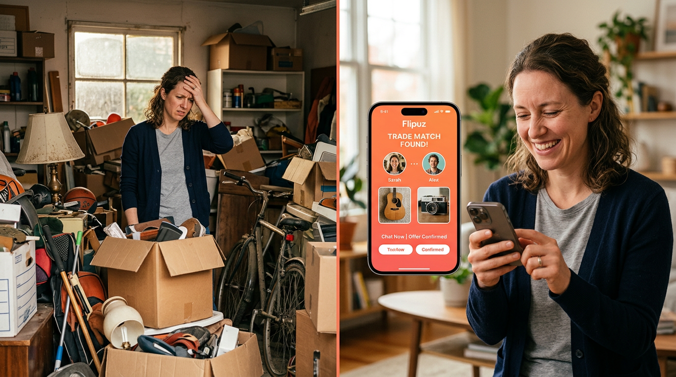 A before-and-after image showing a person going from cluttered with unwanted stuff to happy using a trading app.