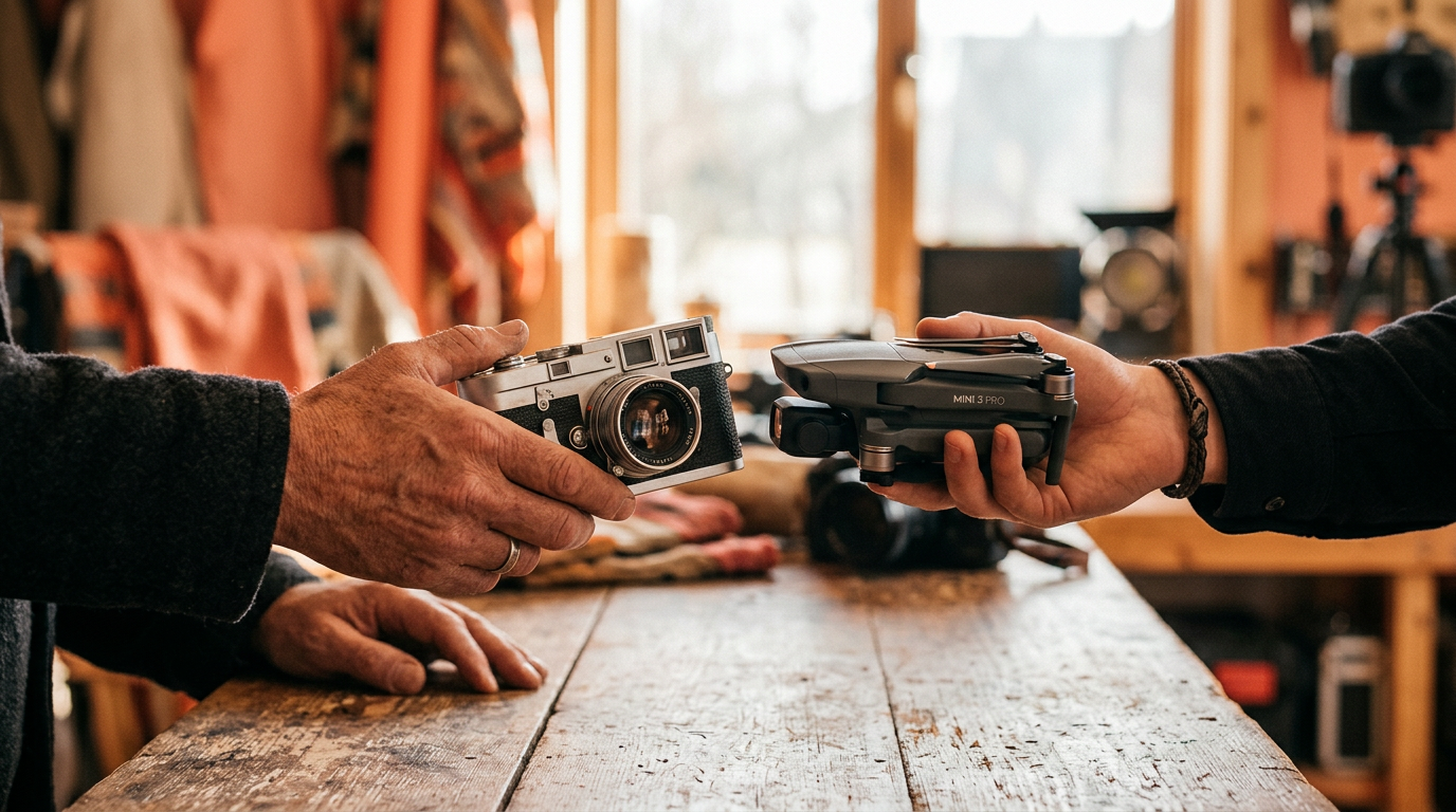 Two people making a successful trade of a camera for a drone on a barter app.