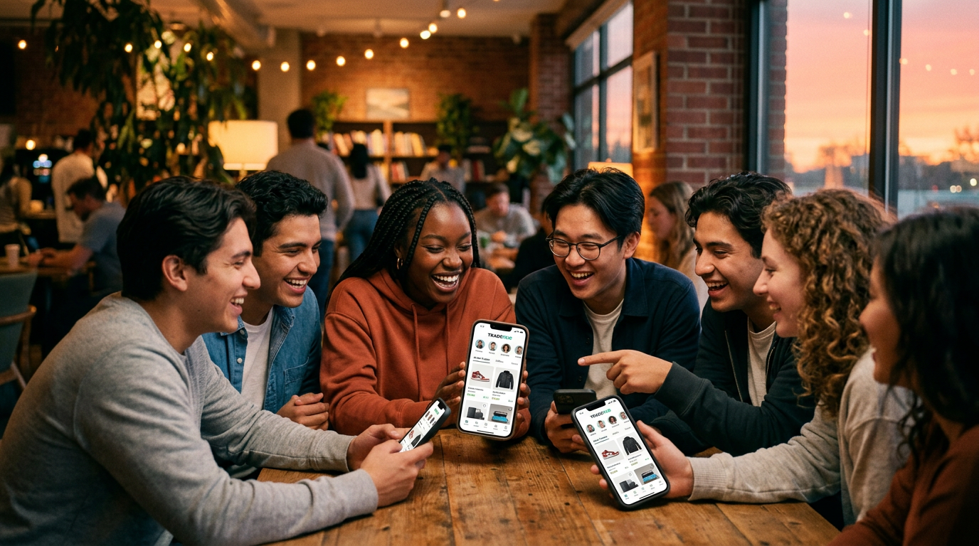 A group of friends using the Flipuz app on their phones to trade items together.