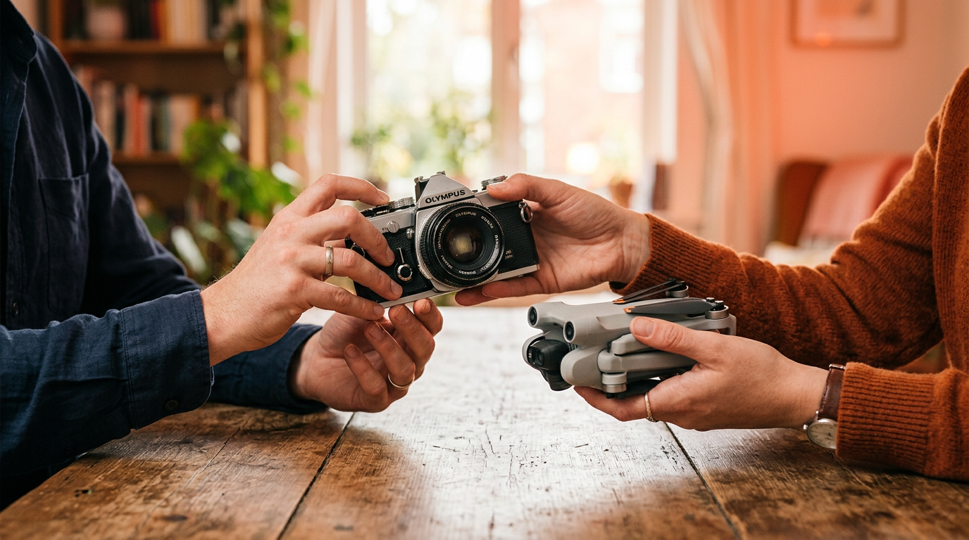 Two people making a trade, exchanging a vintage camera for a drone.
