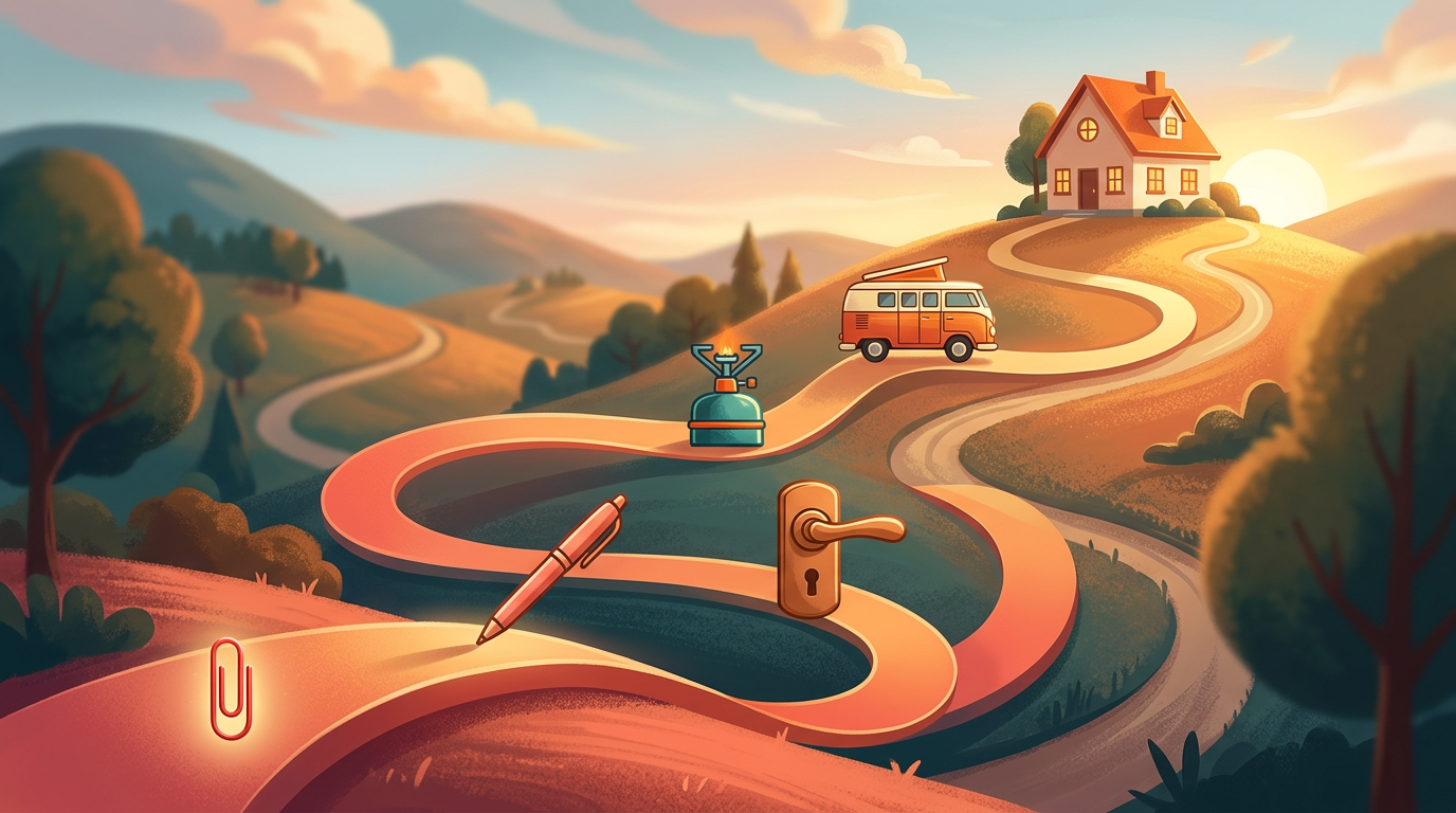 A graphic illustrating the trade-up journey from a small item to a major goal like a house.