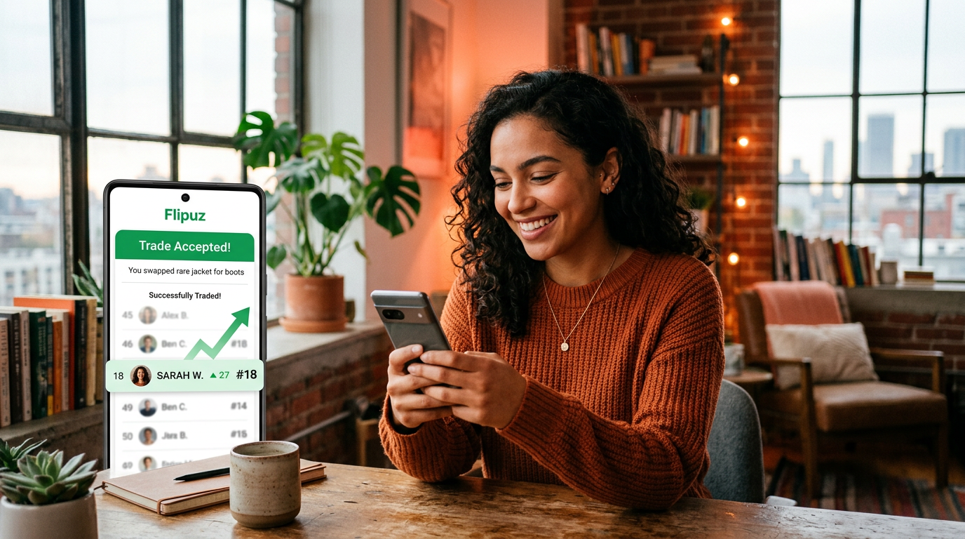 A user celebrates a successful trade on the Flipuz trading leaderboard app, seeing their rank improve.