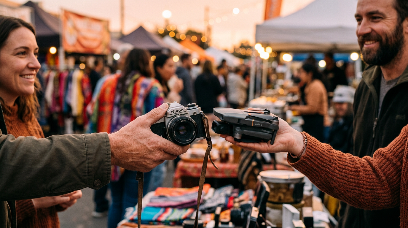 Two people happily exchanging a vintage camera for a drone as part of a trade up challenge.