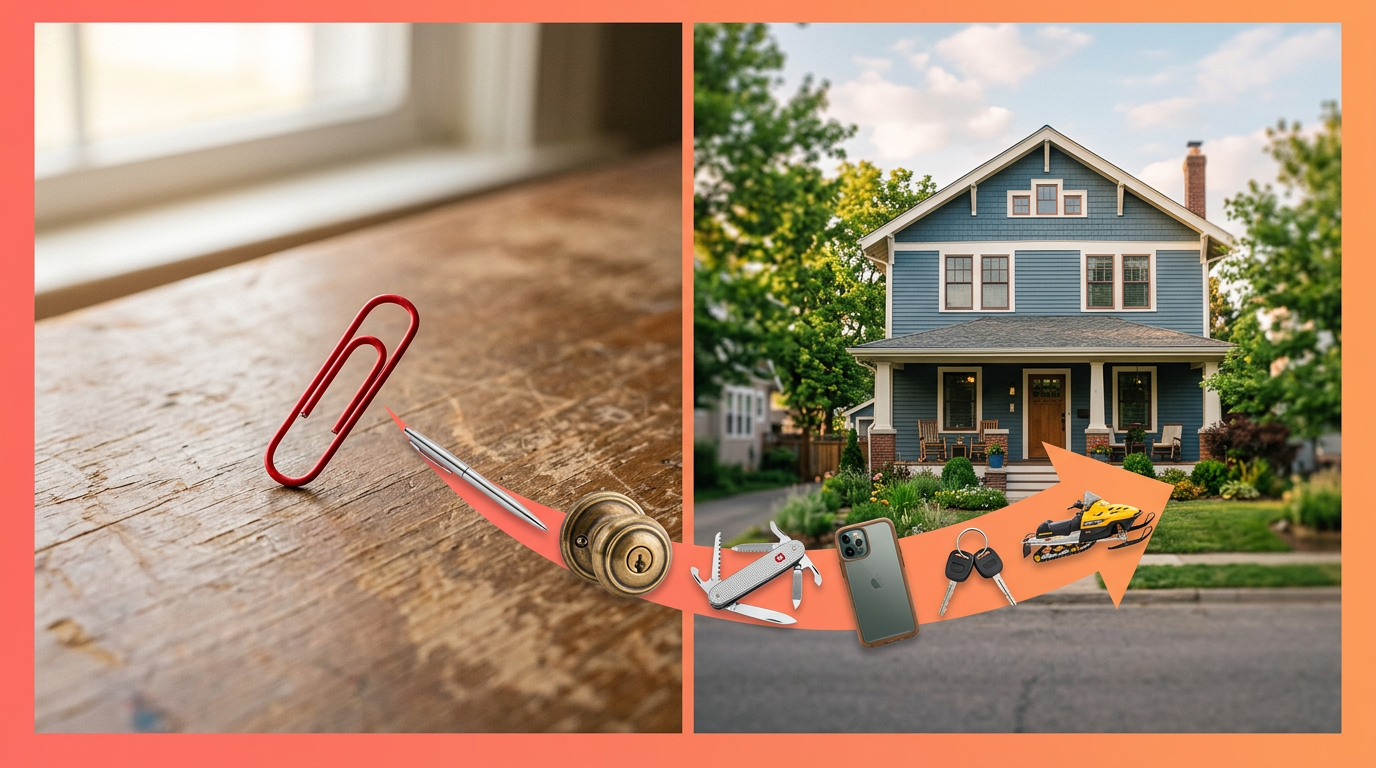 Illustration showing the famous trade-up sequence from a red paperclip to a house.