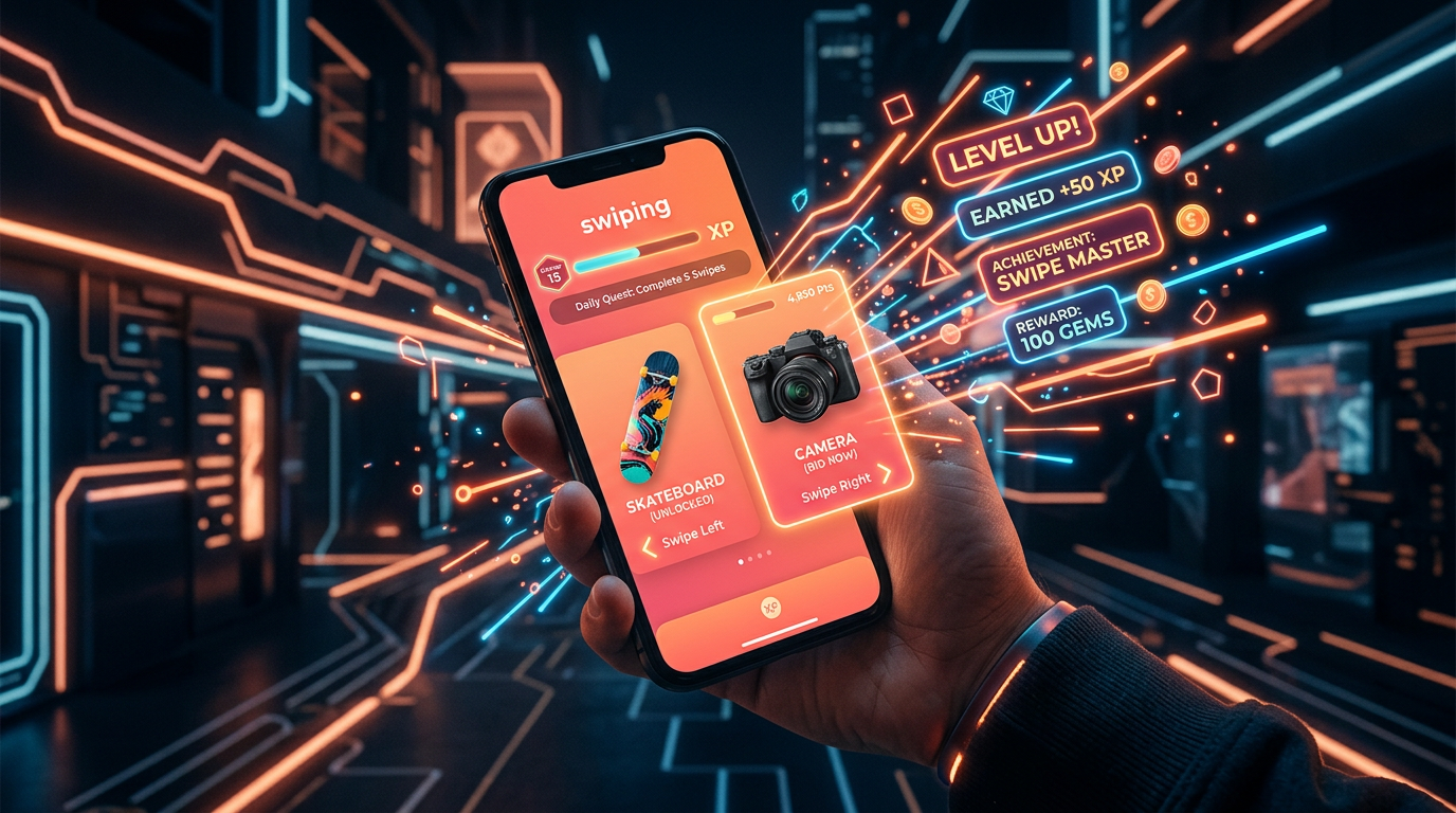A smartphone displaying the Flipuz app interface, surrounded by glowing digital icons representing the excitement of a gamified marketplace.