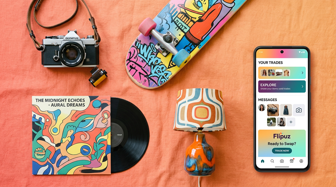 A collection of diverse items like a camera, skateboard, and vinyl record laid out for trading on an online barter app.