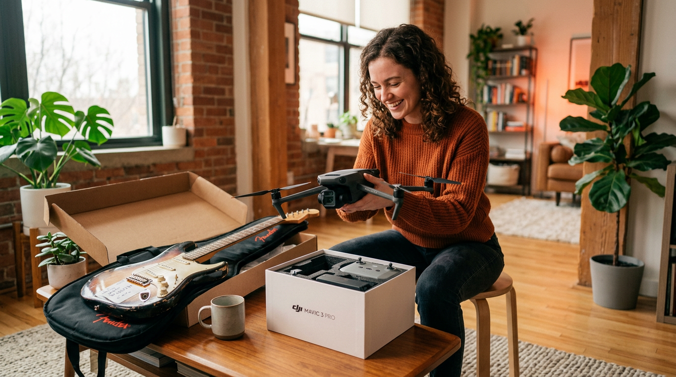 A happy user unboxing a drone they acquired through a successful trade on an item trading app.
