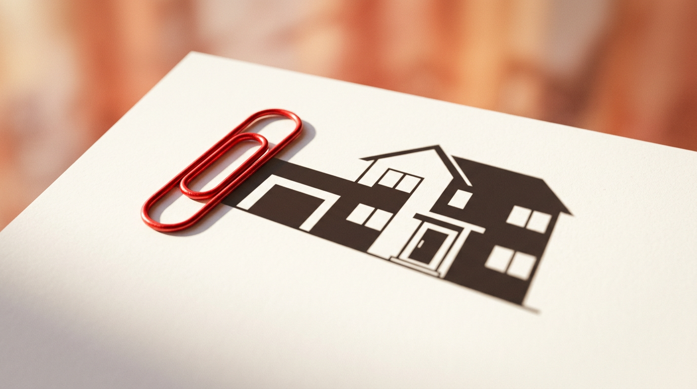 A red paperclip casting a shadow shaped like a house, symbolizing a trade-up challenge.
