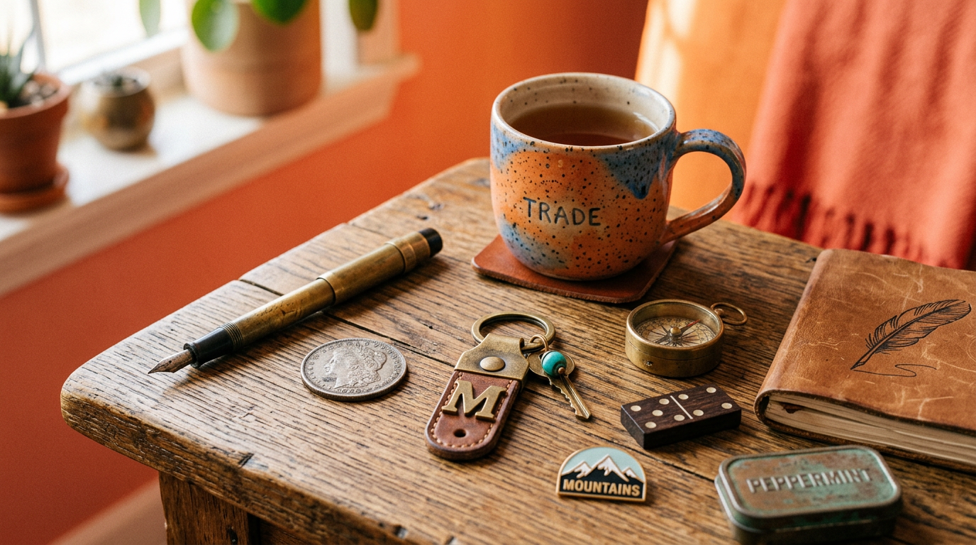 A collection of potential starter items for a trade-up challenge on a table.