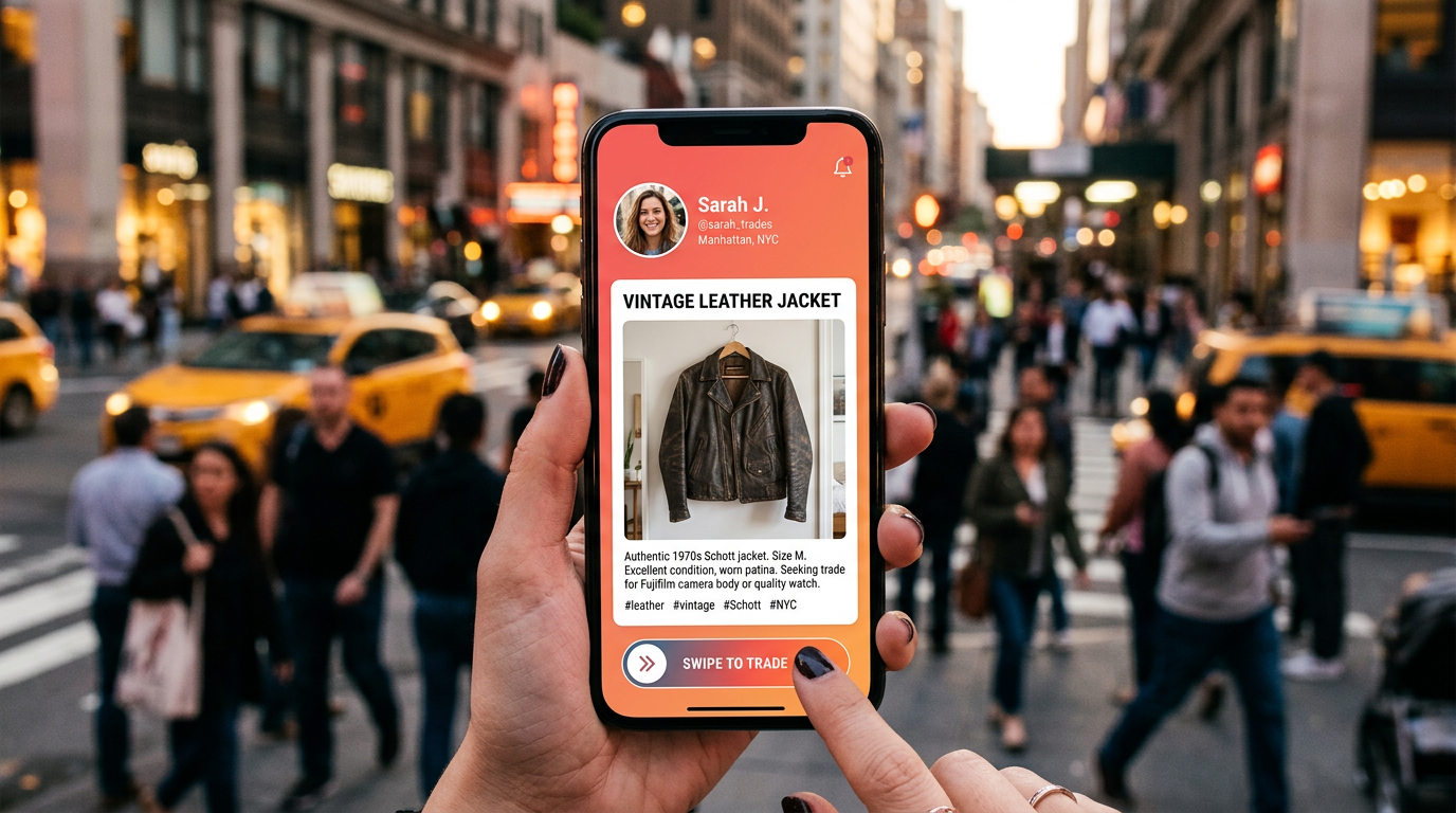A person using the Flipuz item trading app on their phone to find a trade.