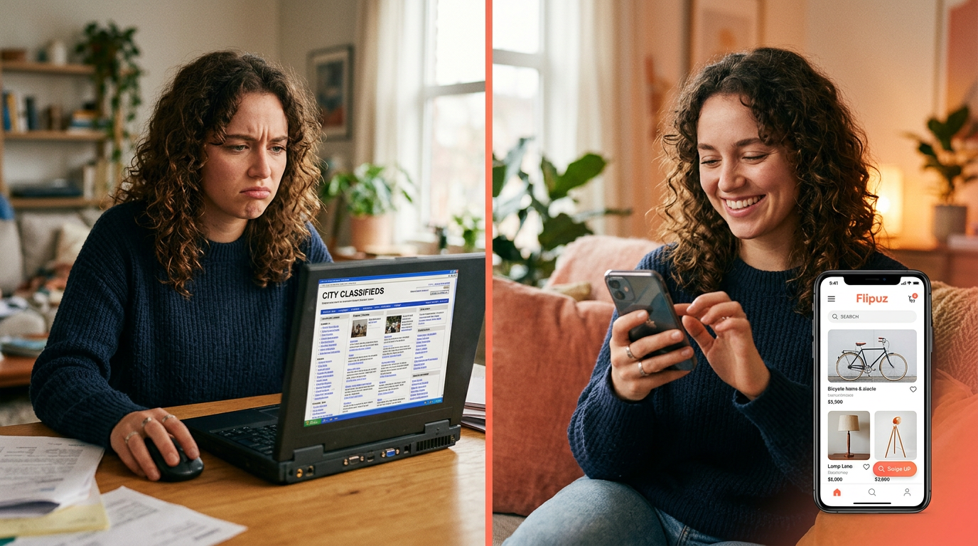A before-and-after image showing the frustrating old way of trading versus the easy, modern way using the Flipuz app.