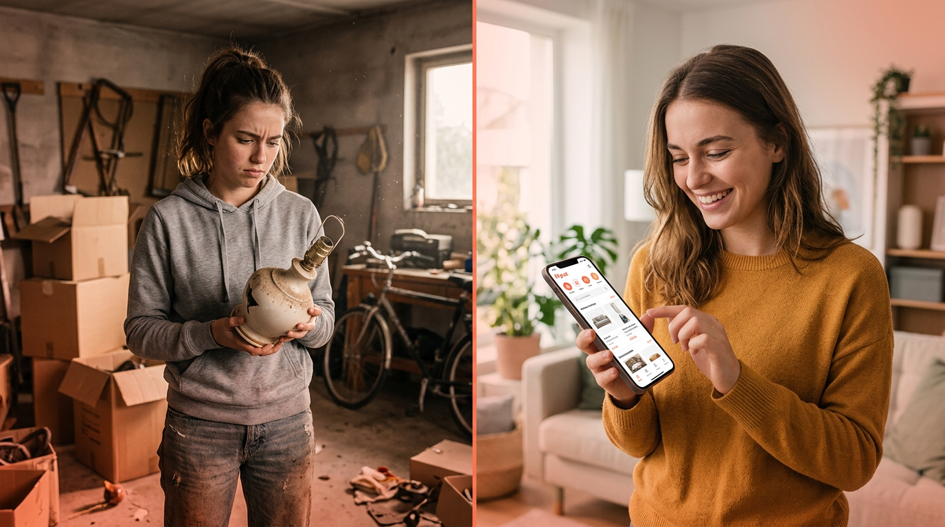 A comparison showing the frustration of traditional trading versus the ease of using the Flipuz app.