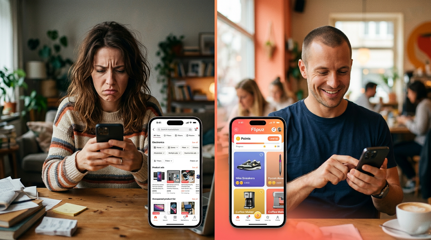 A comparison showing the frustrating experience of old marketplaces versus the easy and fun Flipuz item trading app.