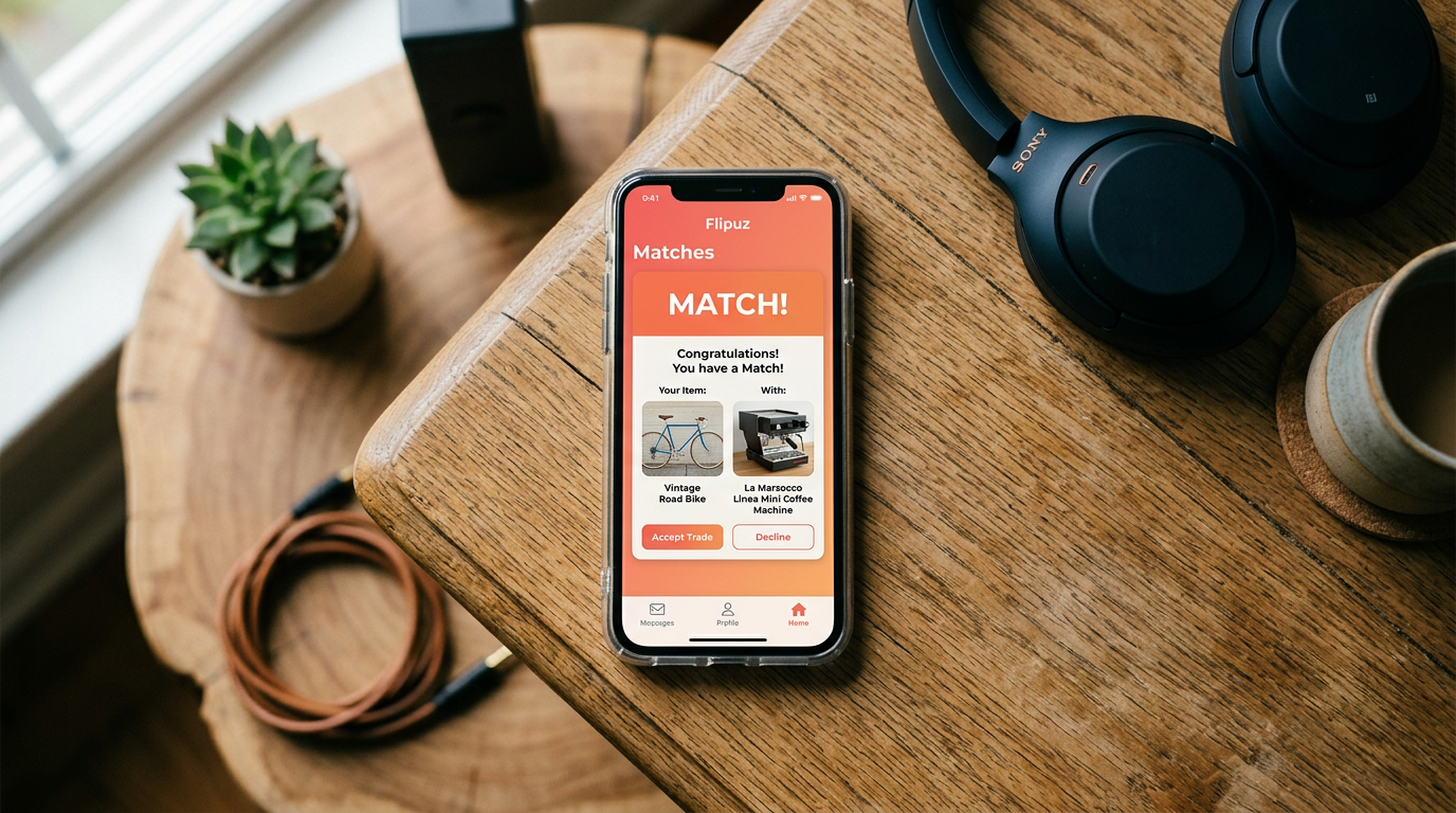 A trade match notification on the Flipuz app screen between a bike and a coffee machine.